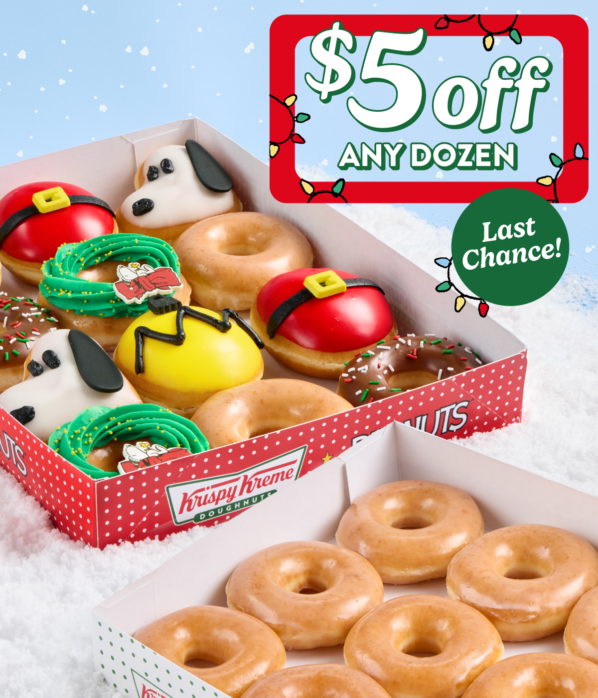 Holiday dozen featuring Peanuts Christmas Specialty Dozen with “Last Day for $5 Off” message.