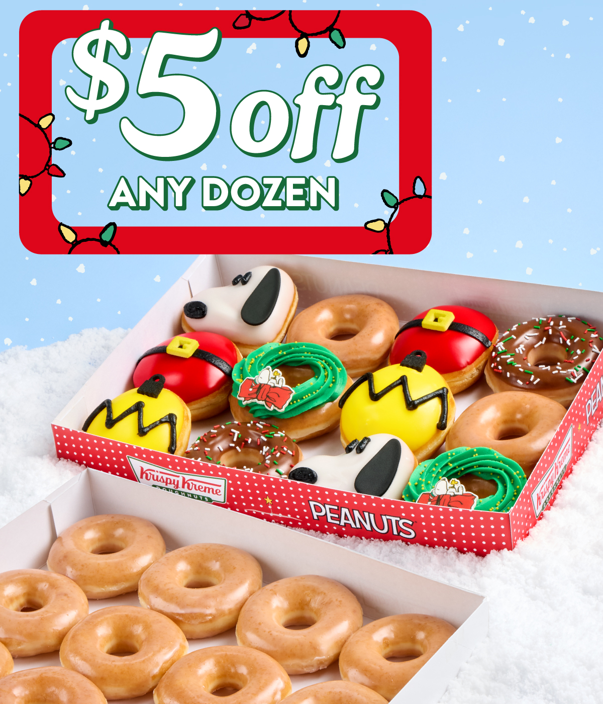$5 off any dozen offer, including Peanuts Christmas Specialty Dozen. Now thru 12/7.